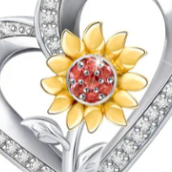 NEW Silver Stylized Heart with Sunflower Gold Petals and Amber Crystals Necklace - Picture 4 of 8